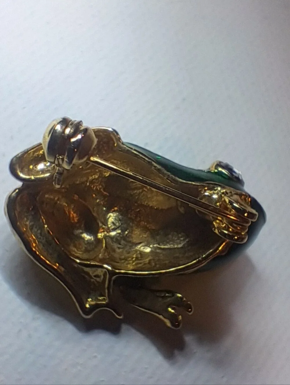 Vintage Green Enamel Rhinestone Frog Brooch Pin Gold Tone Novelty